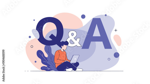 Person sitting with a laptop in front of a large Q and A sign to represent customer support, frequently asked questions, and online help desks.