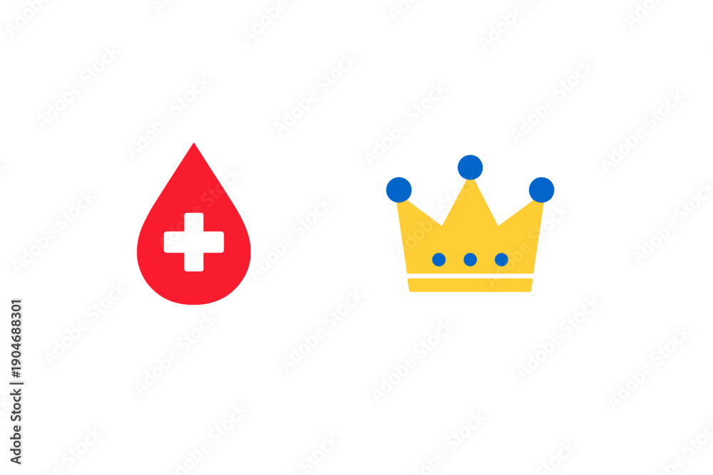 Obraz premium Red drop with white cross next to yellow crown on white background showing health and royalty concepts together