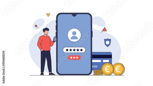 Man standing near a giant smartphone with a secure login page, credit cards, and euro coins to represent mobile banking and digital payments.