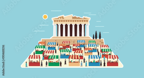 Ancient Greek Agora Market Scene with Parthenon Temple and Bustling Stalls, Representing Commerce, History, and Culture in a Stylized Illustration