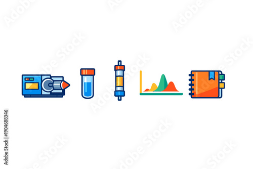 Different tools for scientific experiments and data analysis are shown in an organized manner on a white background during a bright room setting