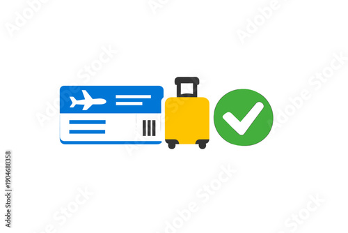 Travel preparation with boarding pass, suitcase, and checkmark symbol indicating readiness for journey