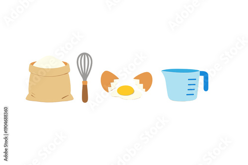 Mixing ingredients for baking in a simple kitchen setup with flour, eggs, and a measuring cup at mid-morning