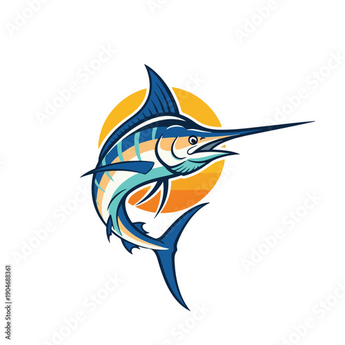 A stylized blue marlin fish jumping in front of a vibrant orange circle on a white background with a graphic illustration style.