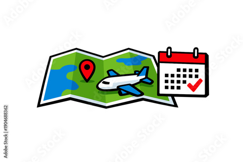 Planning a trip with a map, airplane, and calendar showing travel dates for upcoming adventures in various locations