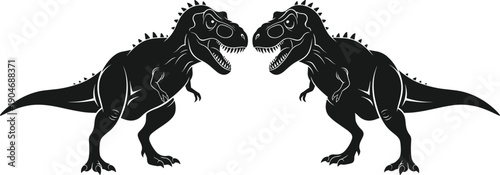 Black silhouette vector set of two Tyrannosaurus Rex dinosaurs facing each other with open jaws for prehistoric wildlife paleontology and ancient animal world concepts