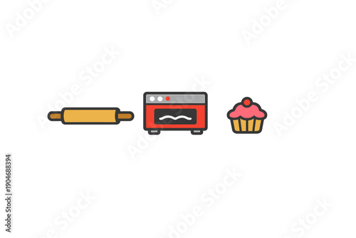 Rolling pin, oven, and cupcake show baking tools and food in a simple kitchen setting in a bright and fun way