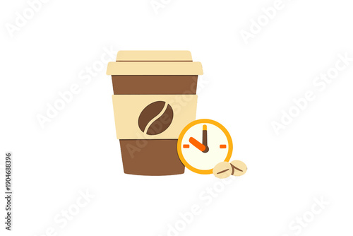 Coffee cup sits next to a clock showing the time for an afternoon break at a cafe during the mid-afternoon hours on a sunny day
