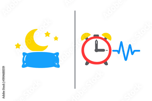 Symbols representing sleep and wakefulness with a pillow and a clock showing alarm time and heartbeat line indicating activity level