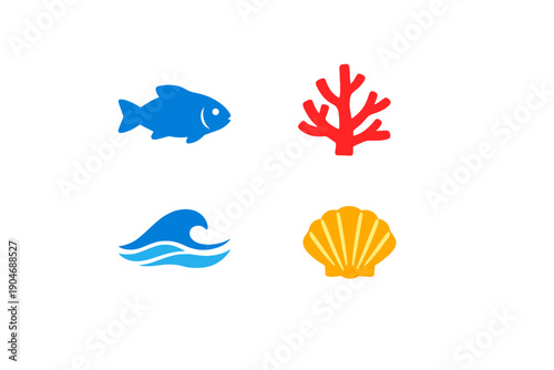 Colorful marine life symbols showing a fish, coral, wave, and shell on a plain background for educational or decorative purposes