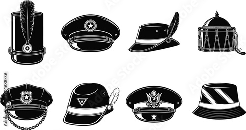 Black silhouette vector set of various military and ceremonial hats including a police cap marching band shako and army officer headwear for official uniform concepts
