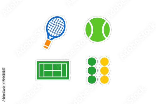 Tennis equipment and game elements shown in a simple design featuring a racket, tennis ball, court, and game tokens