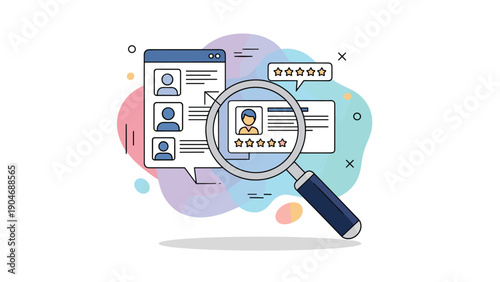 HR manager using a magnifying glass to review various candidate resumes and their ratings during a professional job recruitment process.