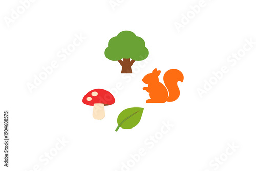 Colorful shapes of a tree, mushroom, leaf, and squirrel on a white surface show a playful scene of nature and wildlife at home
