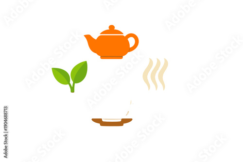 Bright orange teapot with green leaves and steam above a white cup on a simple background during a warm afternoon tea time