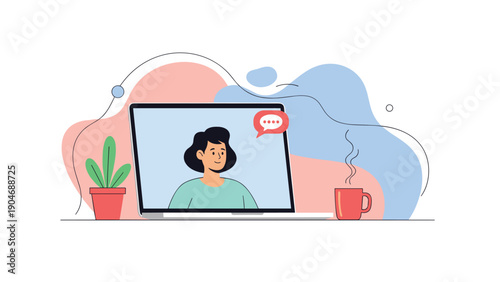 Online video meeting showing a smiling woman on a laptop screen with a speech bubble icon in a bright and modern home office setup.
