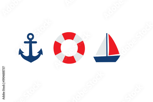 Simple marine symbols show an anchor, a lifebuoy, and a sailboat against a plain background that highlights their shapes and colors