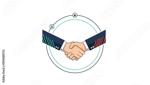Formal handshake between two business professionals of different suits inside a circular diagram representing a mutual agreement and partnership.