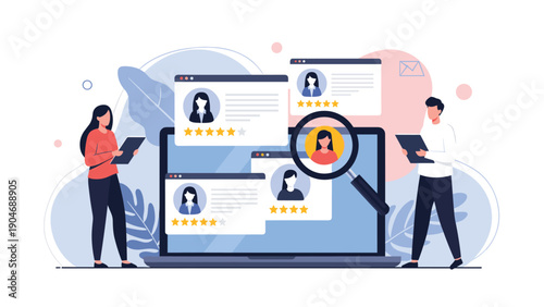 Recruitment team using a laptop and a magnifying glass to find the best candidate from a list of profiles for a specific job opening.