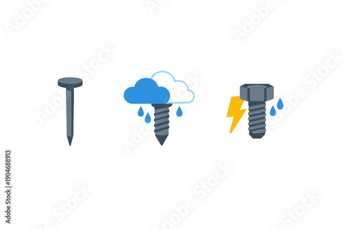 Different types of fasteners and their forms showing a nail, a screw with clouds and rain, and a bolt with lightning