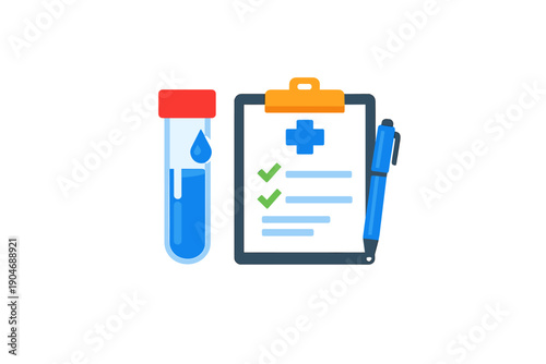 Medical test results are shown on a clipboard next to a test tube with blue liquid and a pen used for writing notes in a healthcare setting during daylight hours