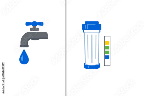 Water tap with dripping water on one side and a water filter with color indicators on the other side shows the importance of clean drinking water