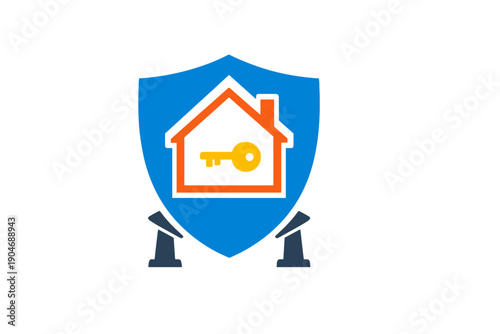 Security symbol showing a house with a key inside a shield, representing safety and protection for homes and properties