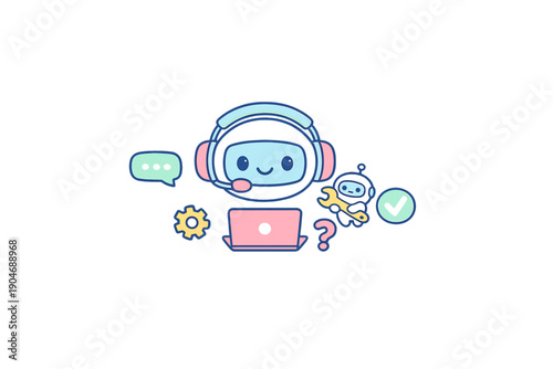 Cute robot character with headset working at laptop, providing support and assistance to online users in a digital environment