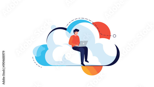 Remote worker sitting on a giant white cloud with a laptop computer representing cloud computing and professional digital freedom.
