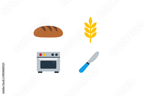 Baking bread involves dough, wheat, an oven, and a knife for slicing once finished in the kitchen during the day