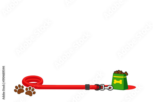 Dog leash and bag of treats on a white background with dog paw prints scattered in the foreground during afternoon playtime