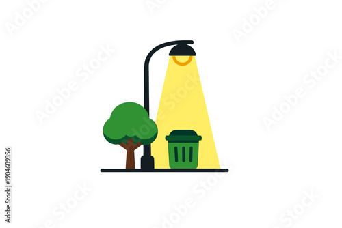 Street lamp lights up trash can near tree at night in a park setting with no people around