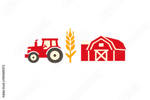 Red tractor and red barn with wheat symbolizing farming and agriculture in rural area during daytime
