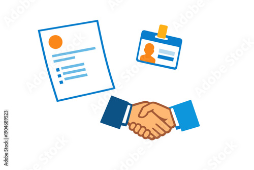 Business handshake agreement with documents and identification displayed in an office setting during daytime