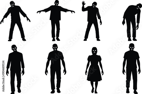 Black Zombie Silhouettes Set Featuring Scary Walking Undead Figures for Halloween Party Graphics Horror Movie Posters Post Apocalyptic Designs and Creepy Undead Character Illustrations