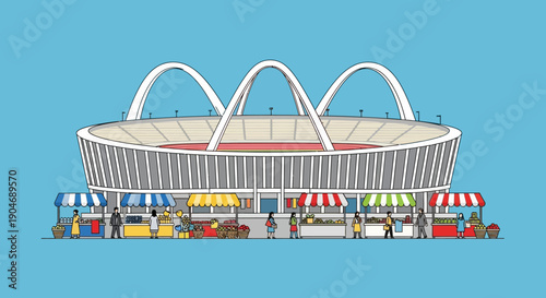 Iconic Modern Sports Stadium Featuring Open-Air Market Stalls with Vendors Selling Produce, Illustrating a Vibrant Community Gathering Space and Local Commerce