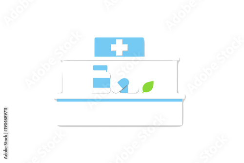 Shelving unit in a pharmacy showing bottles and pills, located in a healthcare setting during daytime