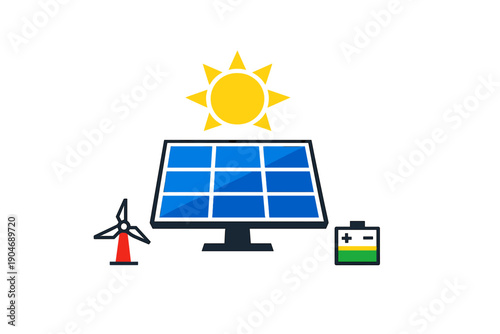 Renewable energy sources with solar panels, wind turbine, and battery shown in a digital setting