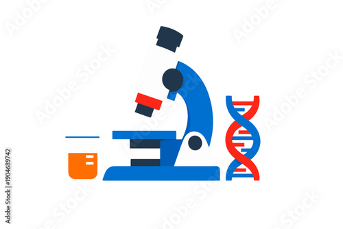 Microscope and DNA strand with beaker on white background showing scientific research in a laboratory setup