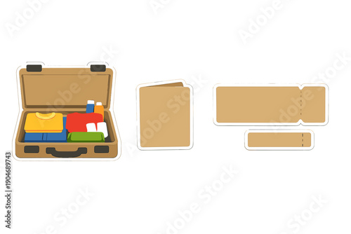 Travel preparation includes a suitcase packed with clothes and accessories beside empty labels for organization in a simple layout