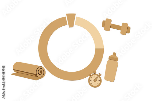 Workout items are arranged on a plain background showing a timer, dumbbell, water bottle, and yoga mat indicating fitness preparation