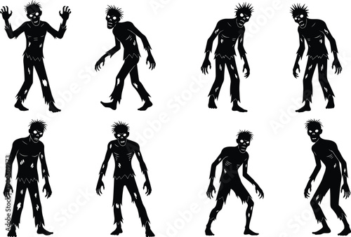 Black Zombie Silhouettes Set Featuring Undead Creatures Walking And Reaching For Horror Movie Design Halloween Party Graphics Apocalyptic Survival Theme And Spooky Decoration