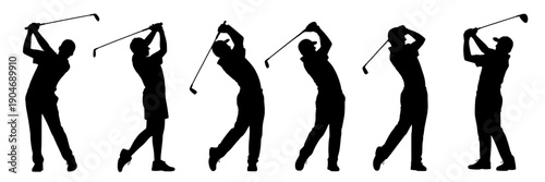 Golfers silhouette set with six swinging poses, black vector figures isolated on white, sports action sequence for logo design, coaching guides, club posters and ads