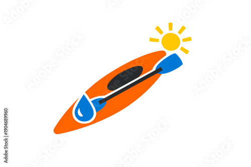Colorful kayak with paddle and sun shines brightly in the background