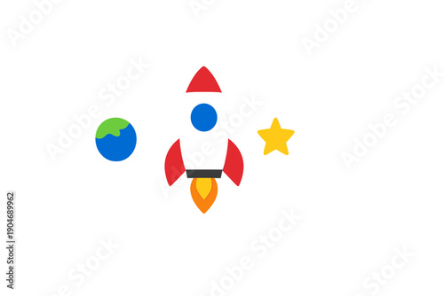 Colorful rocket launch with earth and star placed on white background for educational fun
