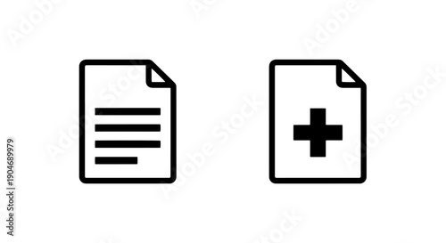 Document Icons, One with Text Lines, Another with Plus Sign for Add or Medical