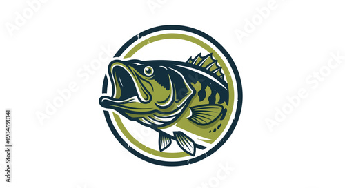 Illustration of a large mouth bass fish head in a circular frame with green and blue colors on a white background.