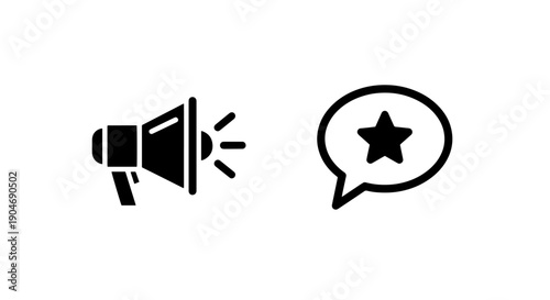 Solid icons of a megaphone emitting sound and a speech bubble with a star, representing a featured announcement or excellent feedback.