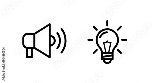 Outline icons of a megaphone with sound waves and a lit light bulb, symbolizing clear communication and bright ideas.