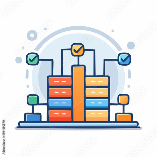 Data processing and validation workflow illustration with colorful blocks and checkmarks.